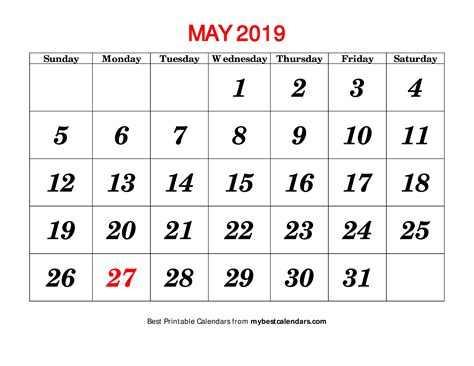 Printable Calendar May 2019